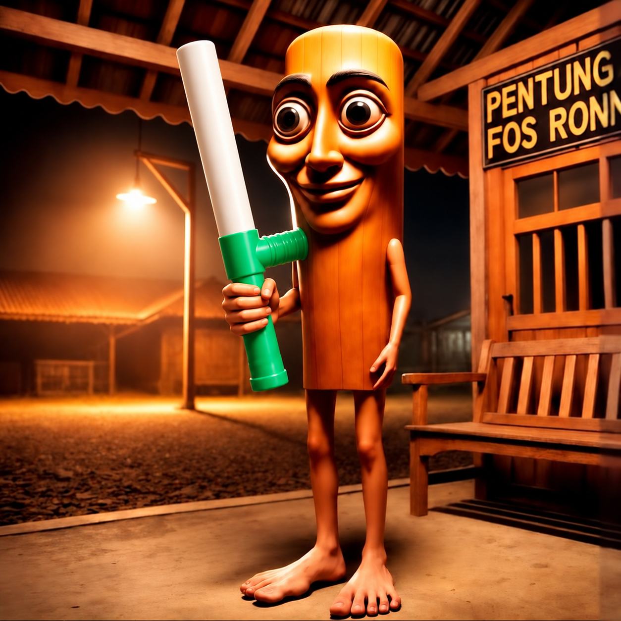 Baton Sahur character holding a green horn at night
